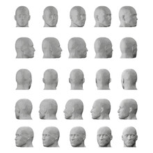 Set With Male Head Model In Different Positions Isolated On White Background. The Head Turns Fifteen Degrees. 3D. Vector Illustration.