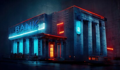 Poster - Futuristic bank building in cyberpunk style. Isolated bank against the background of the city. The concept of financial technologies. 3d render