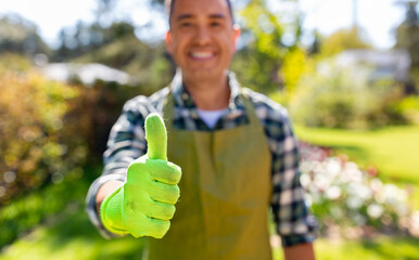 Wall Mural - gardening and people concept - close up of happy smiling man in apron showing thumbs up at summer garden