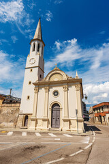 Poster - Facade of the small Church of San Rocco with the bell tower, 1536. Spilimbergo town, Pordenone province, Friuli-Venezia Giulia, Italy, southern Europe. 