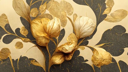 golden floral background, gold flowers, 4k abstract vintage flower design, mural art, gold luxury, l