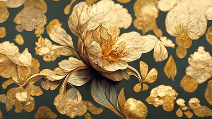 Wall Mural - Golden floral background,  gold flowers, 4k abstract vintage flower design, mural art, gold luxury, luxurious nature, 3D illustration, 3D render.