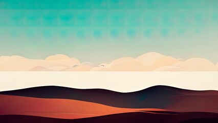 Poster - Mountains, flat 2d, minimal vintage wallpaper. 4k backgrounds of mountain, sky and hills. Colorful pastel colors. Cartoon design. Minimal, geometric trendy backdrop.