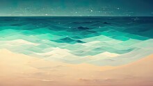 Minimal Flat, Vintage Ocean View. 4K Wallpaper With Sea And Waves. Minimalistic Cloud And Water Look. Beautiful Blue, Teal, Cyan Colors. Ideal Vintage, Old School Background, High Quality.