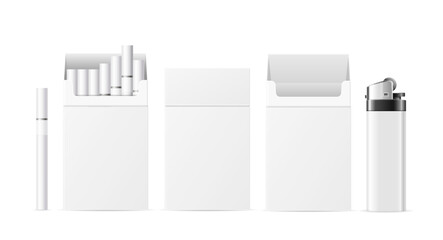 Wall Mural - Realistic Detailed 3d Cigarette Pack Blank White with Pocket Lighter Set. Vector