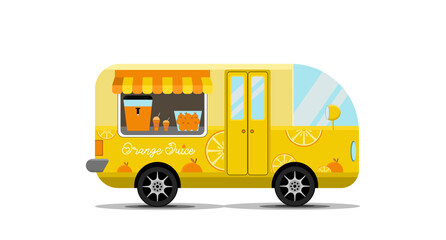 Yellow food truck with orange juice. Vector illustration on a white background.