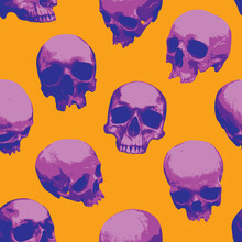 Seamless Pattern With Purple Skulls On An Orange Backdrop. Creative Vector Background With Realistic Human Skulls For Halloween Party. Bright Graphic Print For Wallpaper, Wrapping Paper, Clothing