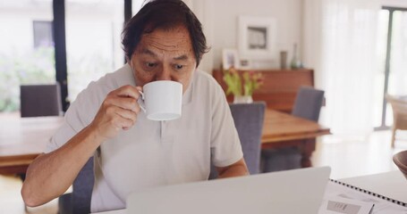 Sticker - Household budget, finance planning and online banking with a senior asian man working on a laptop and drinking coffee. Mature male checking his investment and savings while banking in the kitchen