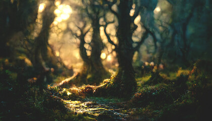 Wall Mural - Dense forest, sun light through tree branches, forest at sunset. gloomy old forest. 3D illustration.