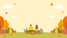 Autumn Background Vector Illustration. Loving Couple Sitting On Log With Autumn Landscape