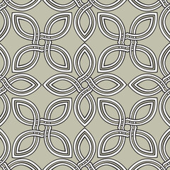 Wall Mural - Floral geometric line seamless pattern in celtic style. Stylish ornamental monochrome background with flower petals