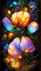 Sticker - Colorful multicolored bright picture. Painted bright butterfly and flowers. Abstract colorful background.