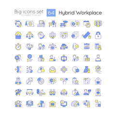 Hybrid workplace RGB color icons set. Telework and in office schedule. Isolated vector illustrations. Simple filled line drawings collection. Editable stroke. Quicksand-Light font used