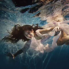 A girl with long dark hair swims underwater as if flying