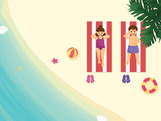 Sticker - Top View Of Swimmer Kids Relaxing On Sun Bed And Beach View Illustration.