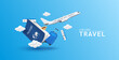 © Adisak - Luggage blue, air ticket float away from passport with airplane is taking off and cloud. Can for making advertising media about tourism. Travel transport concept. 3D Vector EPS10.