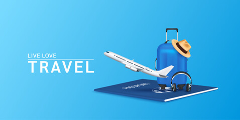Wall Mural - Travels in holiday. luggage blue, hat on passport with airplane is taking off. Can for making advertising media about tourism. Travel transport concept. 3D Vector EPS10.