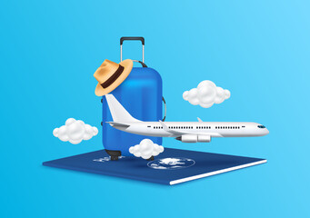 Wall Mural - Travels in holiday. luggage blue, hat, cloud on passport with airplane is taking off. Can for making advertising media about tourism. Travel transport concept. 3D Vector EPS10.