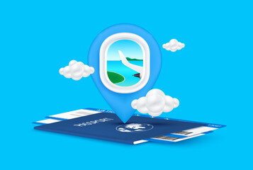 Wall Mural - Flight window with location pin and cloud on passport air ticket. Travel banner design. Can for making advertising media about tourism. Travel transport concept. 3D Vector EPS10 illustration.