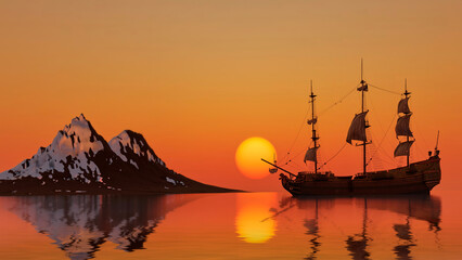 Wall Mural - old sailing ship sunset bright sun beautiful landscape with a sailboat bay mountains snowy, 3d render