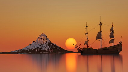 Wall Mural - old sailing ship sunset bright sun beautiful landscape with a sailboat bay mountains snowy, 3d render