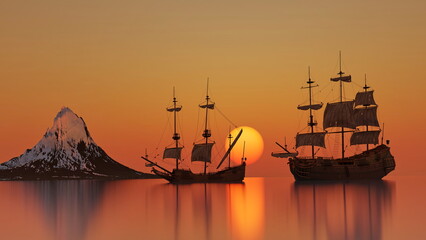 Wall Mural - old sailing ship sunset bright sun beautiful landscape with a sailboat bay mountains snowy, 3d render