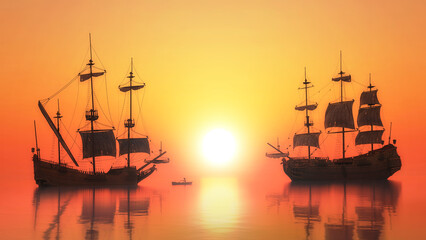 Wall Mural - old sailing ship sunset bright sun beautiful landscape with sailboats 3d render