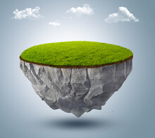 3d Illustration Of Flying Paradise Rock Floating Island With Green Grass Field Isolated. Surreal 3d Rendering Float Stone Land Isolated Abstract Background. Floating Rock With Grass Lawn, Empty Field.
