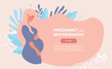 Wall Mural - Modern beautiful pregnancy and maternity banner. Pregnant woman on a pink background, side view, copyspace for text, landing page, blank design. Flat vector cartoon illustration.