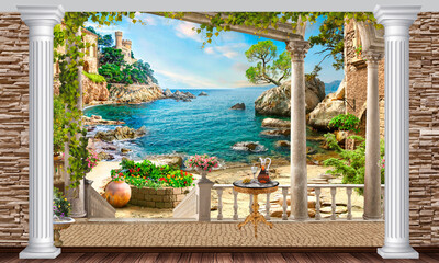 Wall Mural - Seascape. Digital mural. Mediterranean landscape with an old castle.