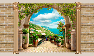 Mediterranean landscape. Digital mural. Wallpaper for the living room.