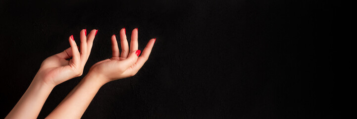 Wall Mural - Female hands with beautiful manicure - red nails on dark black background with copy space banner. Wide panoramic header