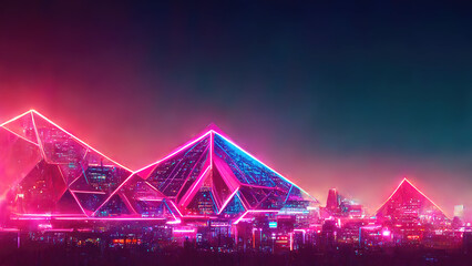 Wall Mural - metaverse city concept with glowing neon lights at night