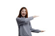© kamiphotos - Beautiful Asian woman gesturing for advertisement editing on isolated background, portrait concept used for advertisement and signage, isolated, copy space.