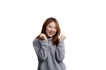 Wall Mural - Beautiful Asian woman gesturing for advertisement editing on isolated background, portrait concept used for advertisement and signage, isolated, copy space.