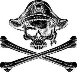 Canvas Print - Pirate skull and crossbones skeleton grim reaper mascot in pirates captain hat and eyepatch. Original illustration in a vintage retro woodcut etching style.