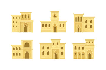 Canvas Print - Arabic Architecture and Buildings with Arched Windows and Geometric Ornament Vector Set