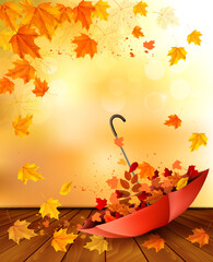 Poster - Hello a gold autumn. Retro autumn background with colorful leaves and an umbrella filled with leaves. Vector illustration.