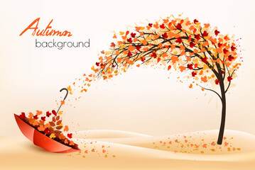 Poster - Hello a gold autumn. Autumn landscape with colorful leaves on the tree and umbrella in a park on a background. Vector