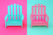 Double trouble opposites attract composition with vivid chair minimal colour contrast concept with two chairs in and on pink and blue background. 