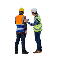 Engineer And Foreman Worker Checking Project At Building Site, Engineer And Builders In Hardhats Discussing On Construction Site