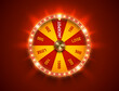 Bright fortune wheel spin mashine. Shiny led bulbs frame, isolated on red background. Casino banner design element or icon. Yellow red sector