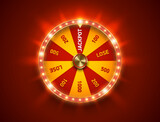 Fototapeta  - Bright fortune wheel spin mashine. Shiny led bulbs frame, isolated on red background. Casino banner design element or icon. Yellow red sector