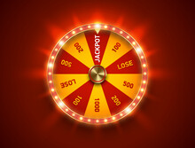 Bright Fortune Wheel Spin Mashine. Shiny Led Bulbs Frame, Isolated On Red Background. Casino Banner Design Element Or Icon. Yellow Red Sector