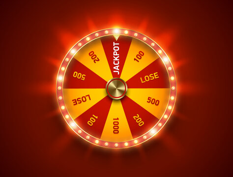 bright fortune wheel spin mashine. shiny led bulbs frame, isolated on red background. casino banner 
