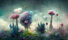 Dreamy Surreal Fantasy Flowers Landscape, Pastel Colours, Desaturated, Digital Illustration