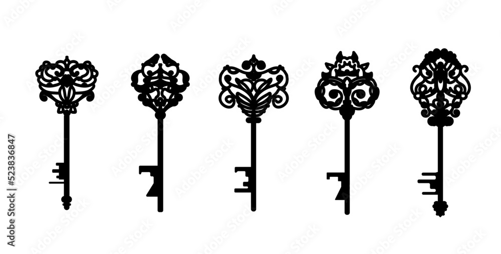 Set of black silhouettes of door keys in a vector style with frills, on ...