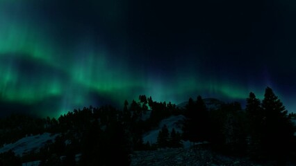 Wall Mural - beautiful green and red aurora dancing over the hills.