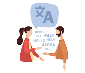 Translation icon. People multilanguage comunication. Linguist. Chat bubbles with language translation. Online translator. Vector flat illustration 