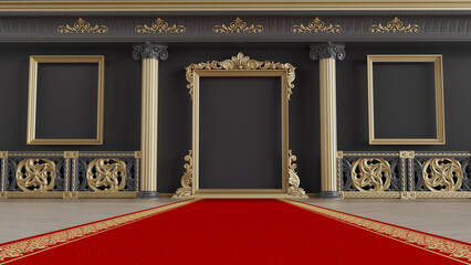 Abstract classical black background with golden frame for product display, golden blanc frame with red carpet and barriers, 3D render